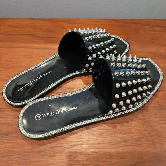Sexy Punk Goth Wild Diva Spiked studded Rhinestone jelly flats slides 7 8 - Picture 4 of 6